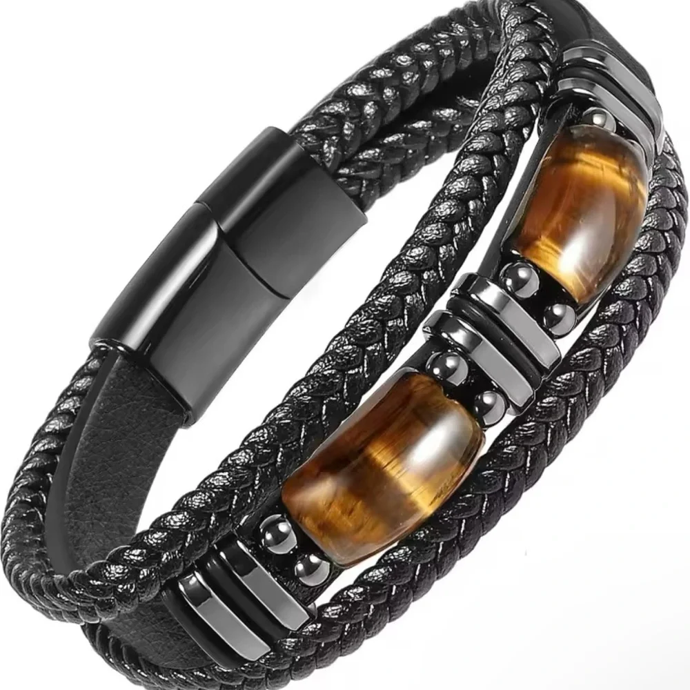 Tiger Eye Black Leather Bracelet Men Natural Gemstone 9”